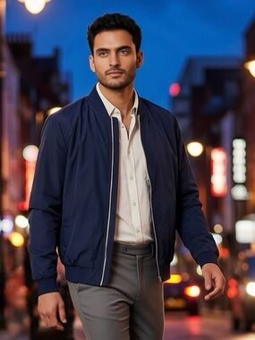 Topman Men’s Navy Bomber Jacket Medium Lightweight Zip Up Minimalist